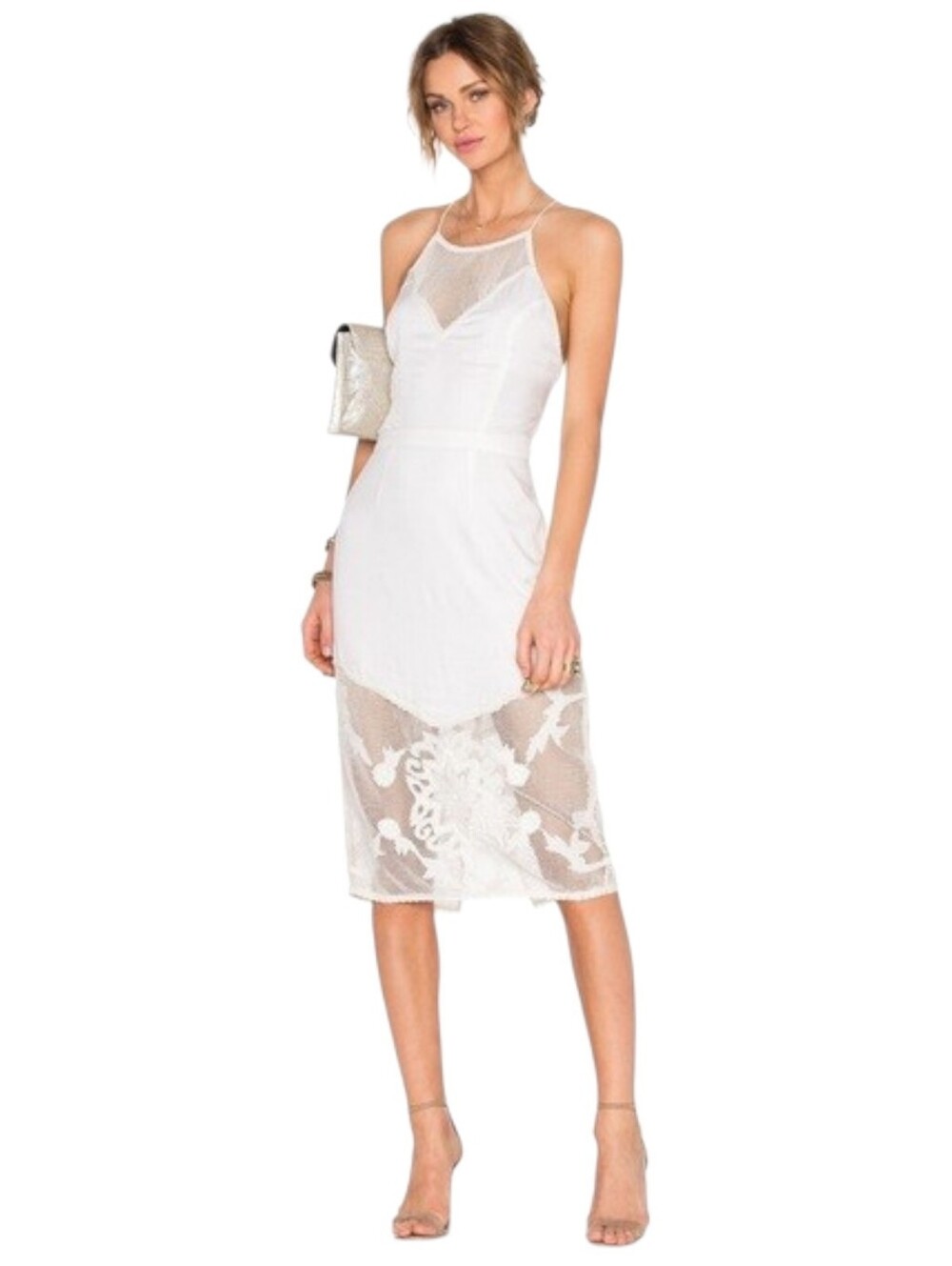 Lovers + Friends Secret Love White Mesh Crochet Embroidered Midi Dress sz M